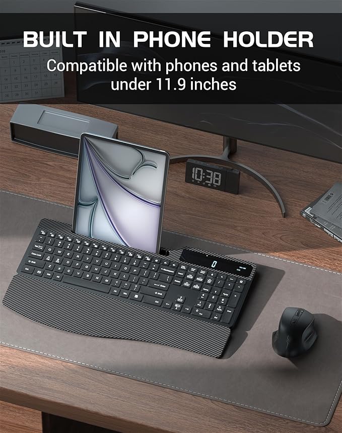 Wireless Keyboard Mouse Combo, Full Size Ergonomic Keyboard with Backlit, Wrist Rest, Calculator, Phone Holder, 2.4Ghz Silent Cordless Rechargeable Keyboard & Mouse for Laptop, PC, Windows, Mac OS