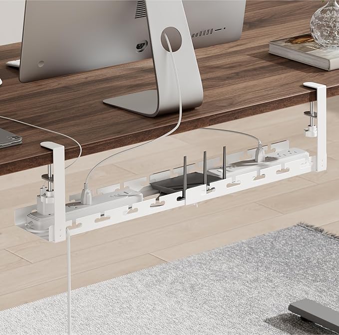 ARES WING 17"-28.7" Extendable Under Desk Cable Management Tray with Cable Slots, Clamp On Cord Organizer Holds Up to 11 lbs, White Metal Under Desk Storage for Office and Gaming Accessories