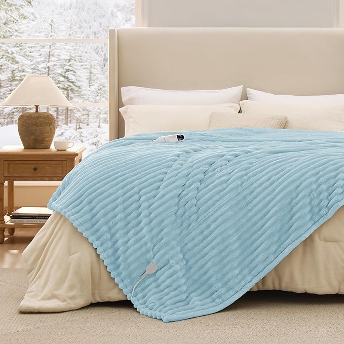 Bedsure Electric Blanket Twin - Thick Striped Flannel Electric Blanket, Heating with 10 Time Settings, 6 Heat Settings, and 8-Hour Timer Auto Shut Off, Gifts for Grandma (62x84 inches, Light Blue)