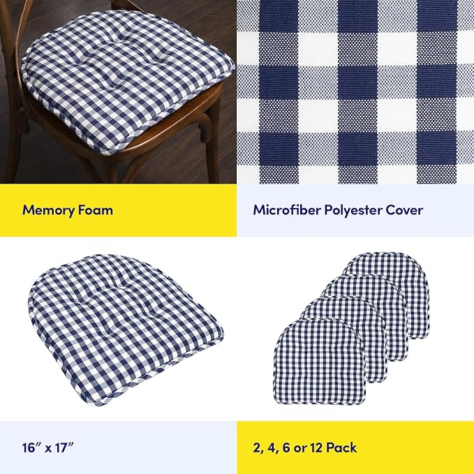 Sweet Home Collection Chair Cushion Memory Foam Pads Tufted Slip Non Skid Rubber Back U-Shaped 17" x 16" Seat Cover, 12 Pack, Checkered Navy/White