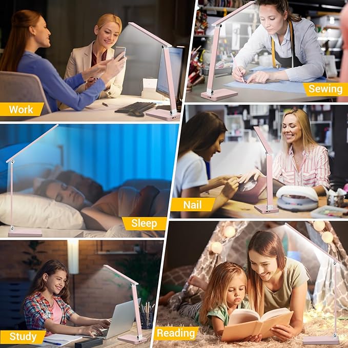 LED Desk Lamp for Home Office, 3 Levels Dimmable Reading Desk Light with USB Charging Port, Desk Accessories Touch Control Table Lamp, Eye-Caring Small Study Lamp for College Dorm Room, Pink, 5000K