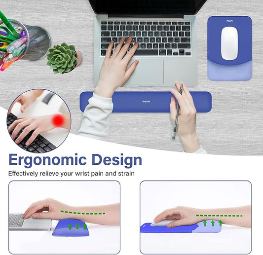 MOSISO Wrist Rest Support for Mouse Pad&Keyboard Set, Rectangular Ergonomic Mousepad Non-Slip Base Home/Office Pain Relief&Easy Typing Pad with Neoprene Cloth&Raised Curved Memory Foam, Royal Blue