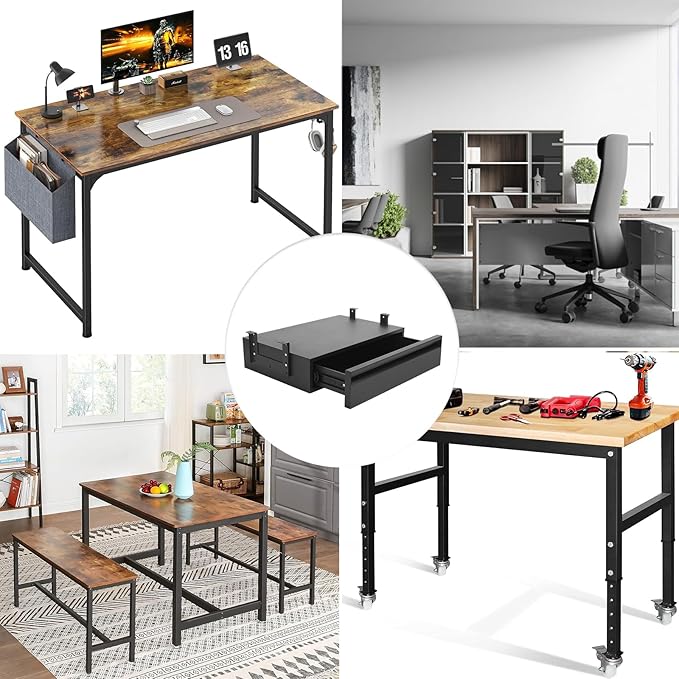 POPMOON 18 Inch Under Desk Drawer,Adjustable Height,Under Desk Drawer Slide Out for Office & Home, Metal Storage Drawer with Cable Management,Matte Black