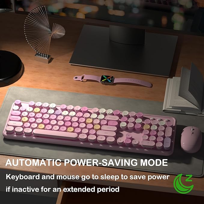 Wireless Keyboard and Mouse, Full-Size Retro Typewriter Keyboard with Round Keycaps, 2.4GHz for Windows, Mac, Laptop, PC, Desktop (Pink Colorful)