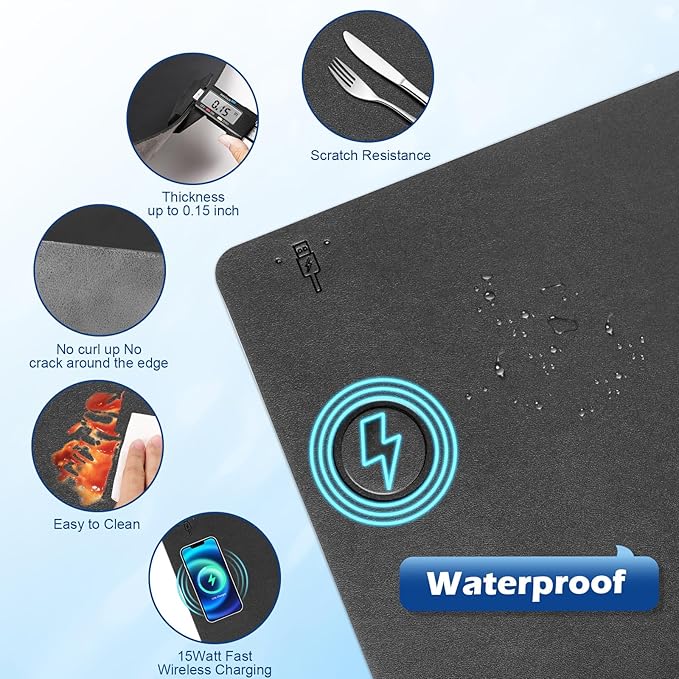 Wireless Charging Desk Mat with Desk Pad for Desktop Charging Large Mouse Pad Waterproof Leather Computer Mat Mouse Pad Non-Slip Protector on Top of Desks for Keyboard and Mouse (black-l, 36*17inch)