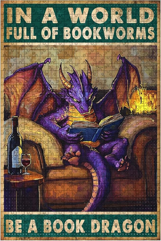 1000 Piece Wooden Jigsaw Puzzle in a World Full of Bookworms Be a Book Dragon Adults Kids Challenging Game Educational Stress Relief Time Killer Perfect for Home Bar & Portable Travel 29.5x19.7 Inch