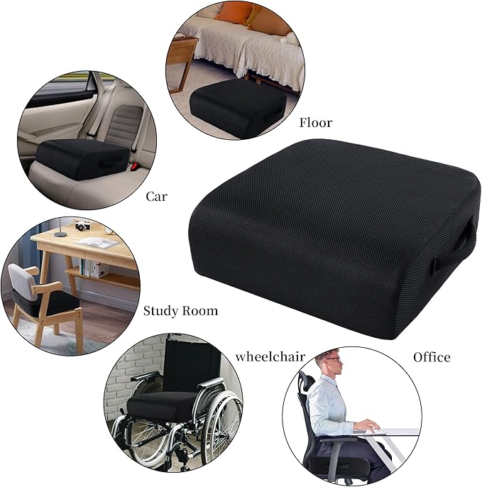 MABOZOO Extra Thick Chair Cushions,Office Chair Booster Seat Cushion to Raise Seat Height for Pain Relief, Non Slip Memory Foam Thick Cushion with Carry Handle (Black, 18 * 14 * 6)
