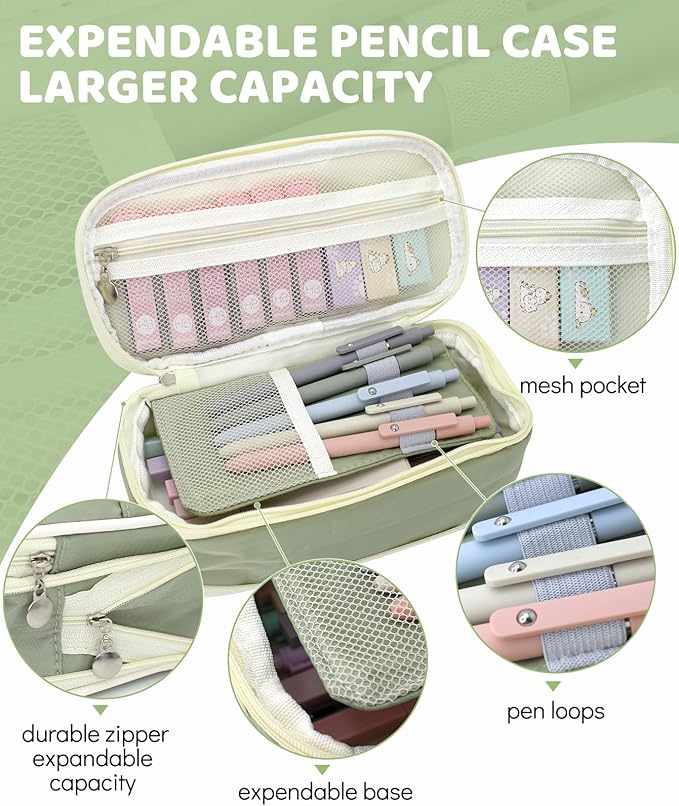 Hifunwu 38 PCS Aesthetic School Supplies with Big Pen Case, 5 Black Ink Gel Pens, 12 Pastel Highlighters, 6 Mechanical Pencils Set 0.5 & 0.7 mm for Students Back to School