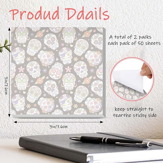 Sticky Notes 3x3 Inches, 2 Pads Cute Colorful Self-Stick Note Pads, Easy to Post for Home, Office and Daily Life Organization Luxury Skull