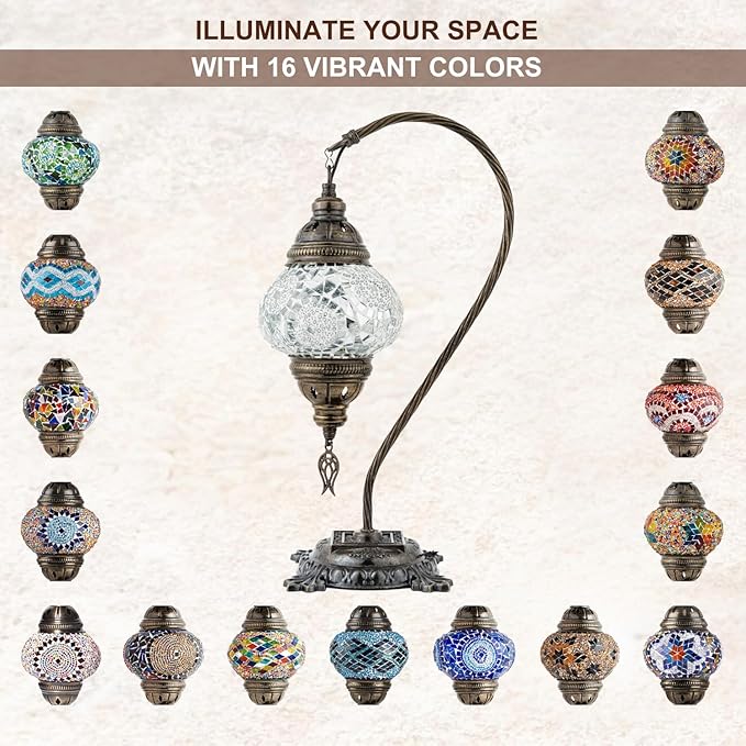 Kafthan Turkish Moroccan Mosaic Lamp – Handmade Glass Swan Neck Bedside Lamp with Antique Brass Base, Ideal Decor for Bedroom, Office, Living Room – Bulb Included (White Triple Circles)