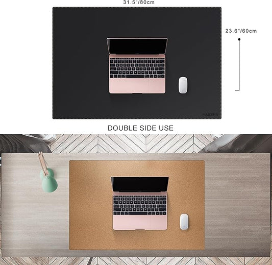 MAIDERN Leather Desk Mat, 31.5” x 24” Reversible Large Desk Pad Mat, Cork & Leather Large Mouse pad for Desk, Waterproof Computer Desk Mat for Gaming Home Office (Black)