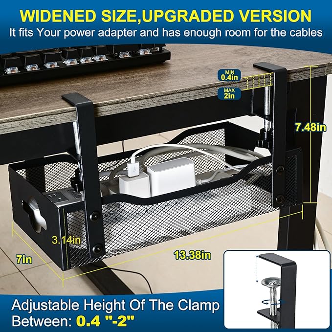 Large Under Desk Cable Management Tray - Heavy Duty Metal Cord Organizer with No Drill Installation for Office & Home Office Desks to Hide Wires & Power Strips (Black, XL)