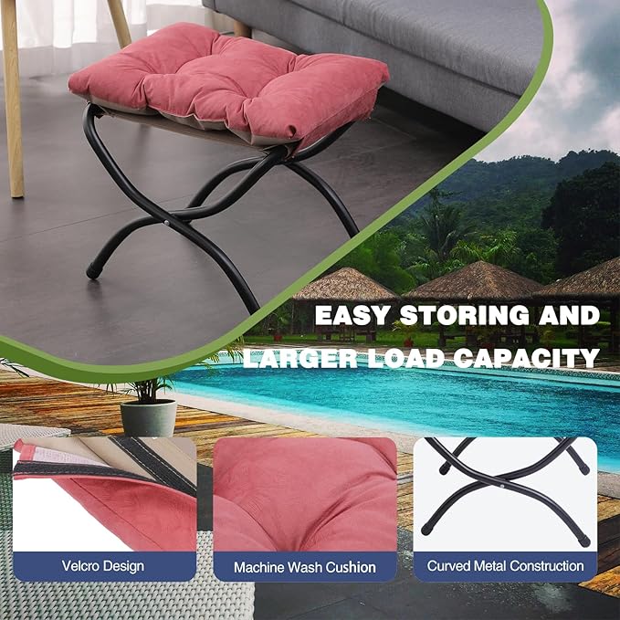 15" Foldable Foot Stool Ottoman with Metal Frame - Washable Red Upholstered Indoor/Outdoor Footrest for Living Room, Bedroom, Patio - Space-Saving Compact Design