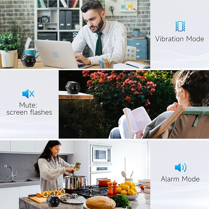 Productivity Timer 1, 5, 10, 30, 60 Minutes Preset, Desk Cube Timer with Gravity Sensor/Mute/Vibration for ADHD, Work, Study, Kitchen, Back to School (2, Black&White)