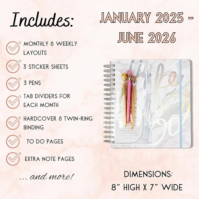 Votum 18-Month Day Large Planner, 2025-2026, Daily, Weekly & Monthly, January 2025 - June 2026, Life Is Good - Appointment Book with 3 Sticker Sheets, Twin-Ring Binding, Notes Pages - School & Work