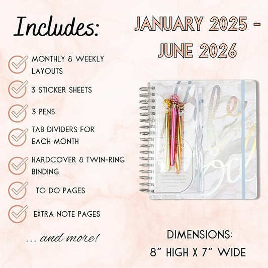 Votum 18-Month Day Large Planner, 2025-2026, Daily, Weekly & Monthly, January 2025 - June 2026, Life Is Good - Appointment Book with 3 Sticker Sheets, Twin-Ring Binding, Notes Pages - School & Work