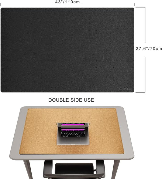 MAIDERN 43.3βx 27.5β Leather Desk Pad, Large Desk Mat, Reversible Cork & Leather Large Mouse pad for Desk, Waterproof Computer Desk Pad for Gaming Home Office (Black)