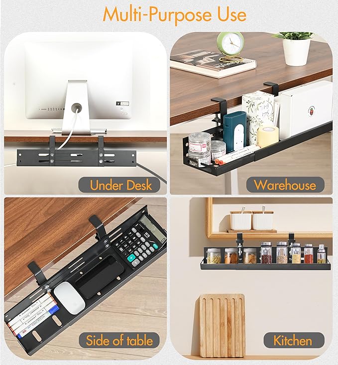 Retractable Under Desk Cable Management Tray No Drill, 17"-30" Long Cable Tray with Clamp Mount, Metal Cord Organizer, Support 50 lbs+, Wire Management Basket for Home Office, Black