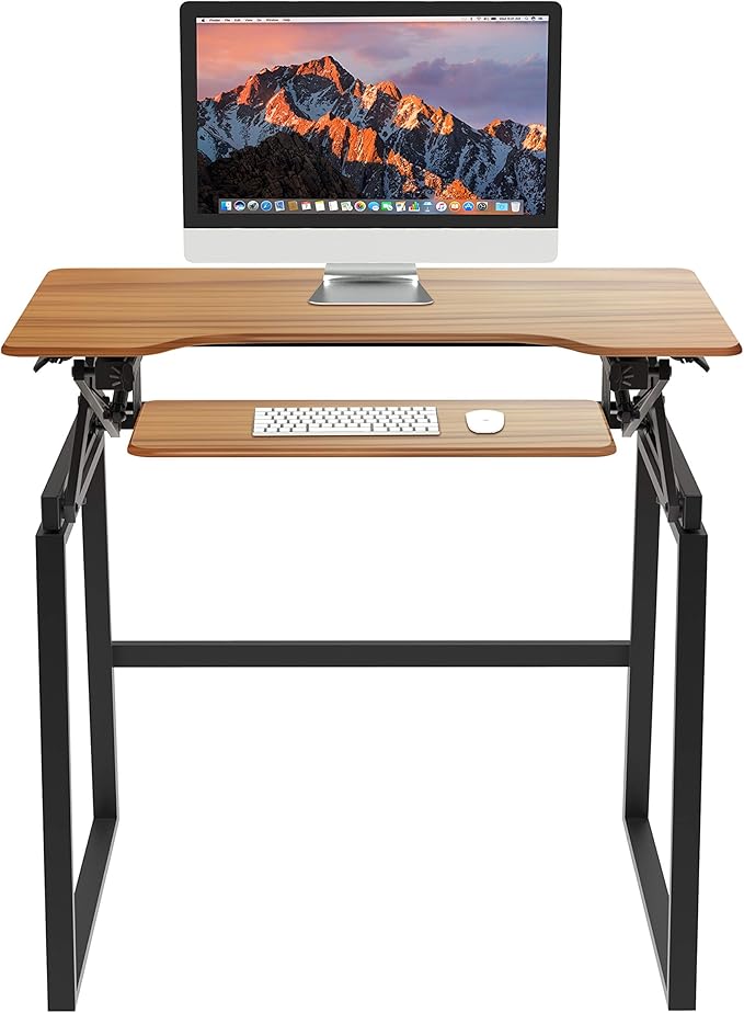 Rocelco 40" Large Height Adjustable Standing Desk BUNDLE - Quick Sit Stand Up Dual Monitor Riser - Gas Spring Assist Computer Workstation - Retractable Keyboard Tray - Teak Wood Grain (R DADRT-40-FS2)