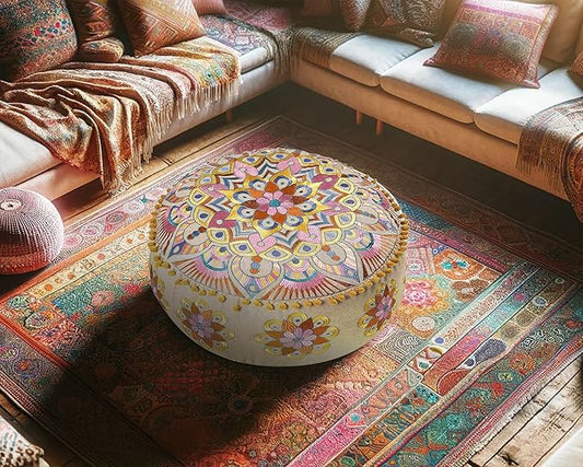 Modern Round Floor Cushion Cover Flower Room Décor Boho Furniture Round Floor Pillow Pouf Footstool Boho Chic Siting Area Stool Cushion Case Luxury Kids Room Décor Cotton 24x8 Unstuffed