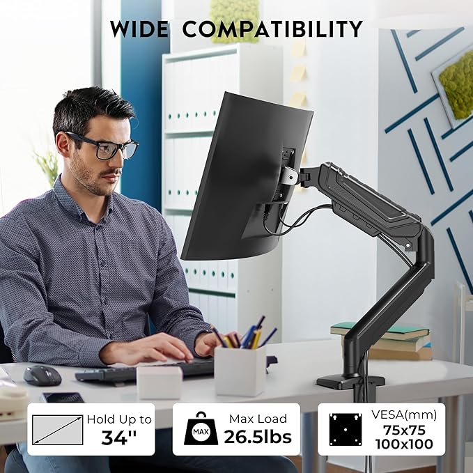 BONTEC Monitor Arm for 15–34 Inch Screens, Ergonomic Gas Spring Single Monitor Mount, Full Motion Desk Stand with Tilt Swivel Rotation, VESA 75x75mm 100x100mm, C Clamp, Grommet Base, Cable Management
