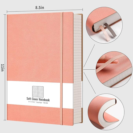 AHGXG Lined Journal Notebook - 320 Pages Thick Journal for Women, Large Notebook A4 College Ruled, 8.5''×11'', 100gsm Thick Paper, Leather Softcover - Pink