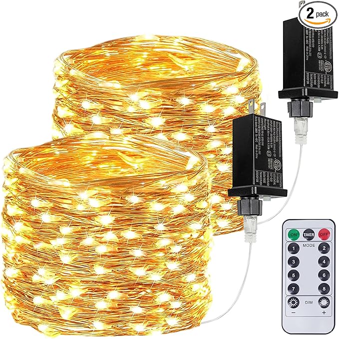 2Pack Each 33Ft 100 LED Fairy Lights Plug in with Remote, Waterproof String Lights Outdoor & Indoor, String Lights 8 Modes with Timer, Twinkle Light for Girl's Room Christmas Decorations (Warm White)