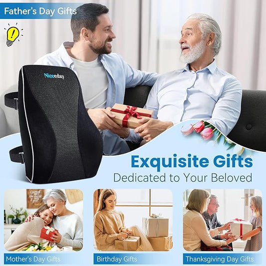 Lumbar Support Pillow for Office Chair Car, Gaming Chair Lower Back Pain Relief Memory Foam Cushion with Greeting Card,3D Mesh Cover Ergonomic Back Rest, Birthday Gift Father‘s Day Gifts for Dad