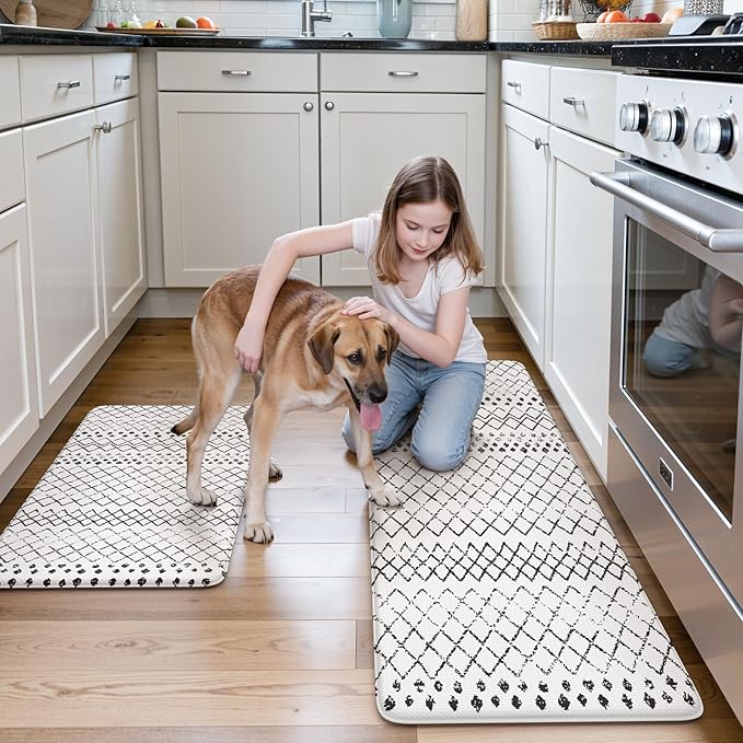 KIMODE Kitchen Mats 2PCS,Cushioned Anti Fatigue Kitchen Rugs and Mats,Non Skid Waterproof Kitchen Mats for Floor,Comfort Foam Standing Mat for Home, Office,Sink,Laundry,Desk,Black and White
