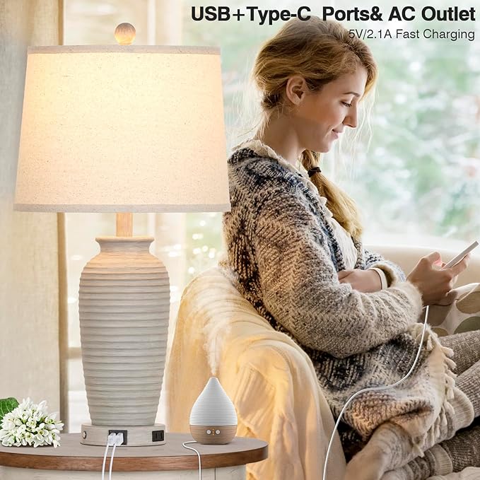 25" Farmhouse Jar Table Lamps Set of 2, 3 Way Touch Control Rustic Bedside Lamps with USB A+C Ports & AC Outlet, Pot Nightstand Lamps for Bedroom Living Room (LED Bulbs Included)