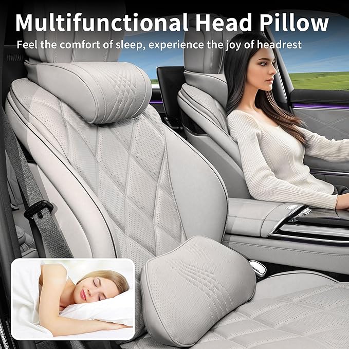 Lumbar Support Pillow for Car Seat, Office Chair Leather Memory Foam Lower Back Cushion for Back Pain Relief Improve Posture, Ergonomic Back Rest for Gaming Chair, Off-White (Beige), 1PC