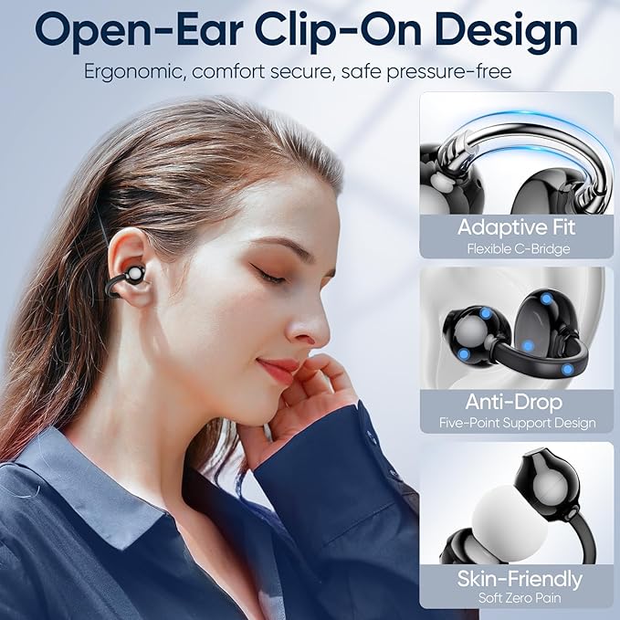 AI Clip on Earbuds Wireless Bluetooth 5.4 Earphones, Open Ear Headphones with Mic, 40H Play, Waterproof Design, 4g Ultra-Lightweight Sports Ear Clip Earbuds, Comfortable for Glasses Wearers Workouts