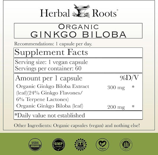 Herbal Roots Brain Health Duo, Organic Mushrooms and Organic Ginkgo Biloba, Powerful Boost for Brain Health, Non-GMO