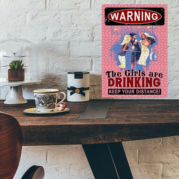 1000 Piece Wooden Puzzle Warning Girls Drinking Adult Challenge for Focus & Stress Relief 29.5x19.7 Inch