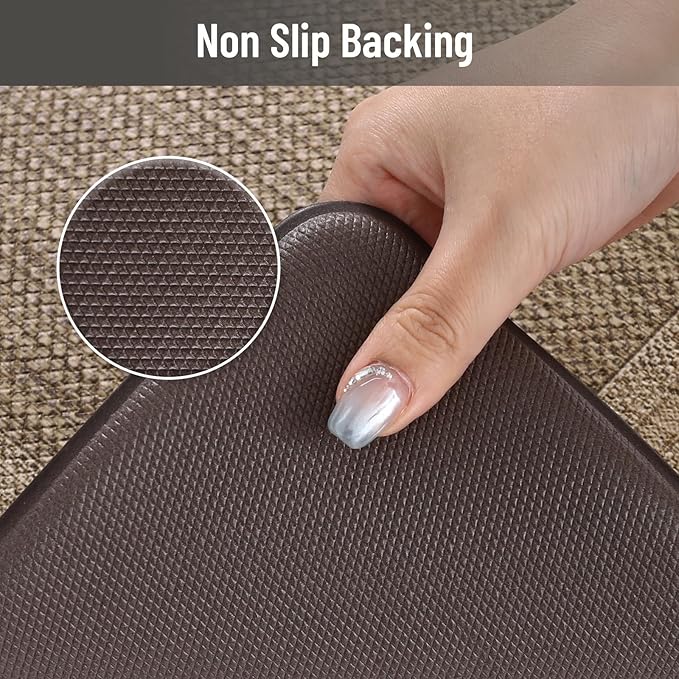 KIMODE Anti Fatigue Mats for Kitchen Floor 17.3"x29"+17.3"x59", Farmhouse Kitchen Rugs Sets of 2, Memory Foam Kitchen Mat for Floor, Comfort Standing Mats for Laundry Office Sink Desk Grey/Brown