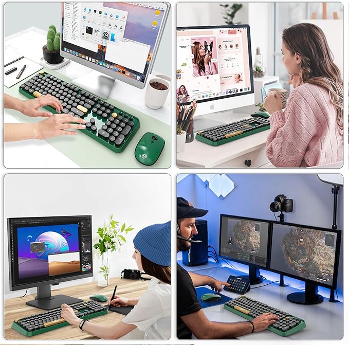 Wireless Keyboards Mouse Combos, Colorful Cute Typewriter Full-Size Retro Creamy Keyboard, 2.4GHz Sleep Mode Office Quiet Wireless Keyboard and Mouse Set for Desktop Laptop PC Computer Dark Green