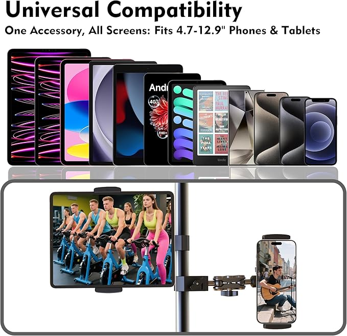 Tablet Holder for Spin Bike 360° Rotating Tablet Clamp Mount for Exercise Bikes, Peloton, Treadmill & Elliptical,Music Stand,Stationary Bike– Quick-Clip Handlebar Clamp Fits 4-13" Tablet&Phones