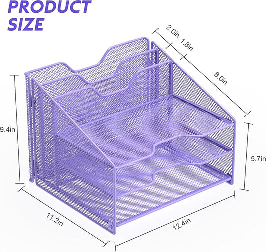 Samstar Purple Desk File Organizer, Mesh Letter File Folder Holder with 3 Paper Trays and 2 Vertical Upright Section, for Office Supplies, Desk Accessories & Workspace, Purple
