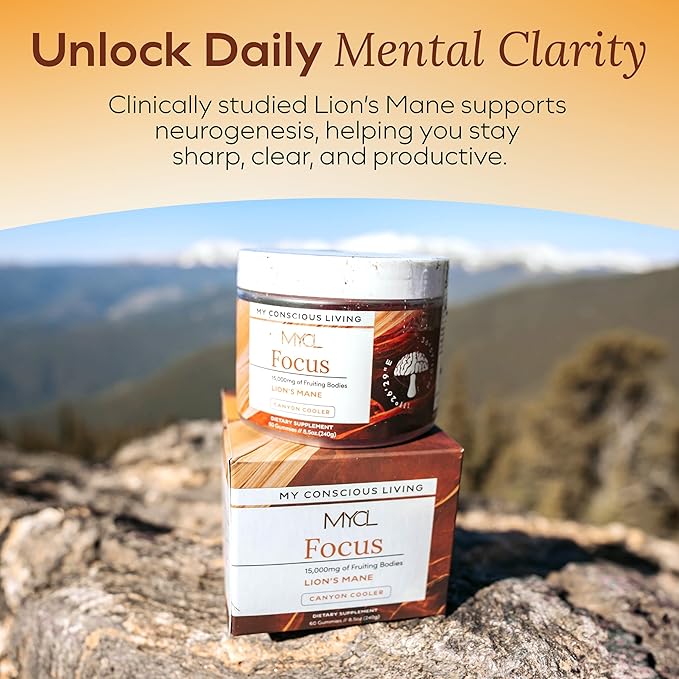 Lions Mane Mushroom Gummies for Focus and Memory - 500mg Fruiting Body Extract - Cognitive Support and Brain Health Supplements for Adults and Kids - Vegan, Gluten-Free - Canyon Cooler - 30 Servings