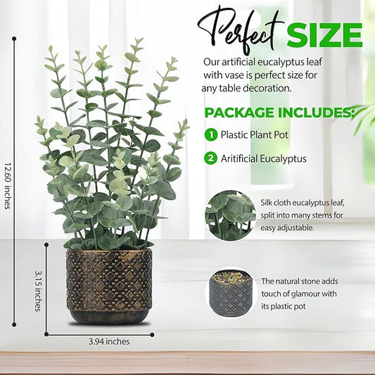 Artificial Plants Indoor Small, Mini Fake Potted Plants Faux Greenery for Shelf, Table, Bathroom and Kitchen Decor - Desk Plants for Office and Home Decoration (Eucalyptus Leaf)