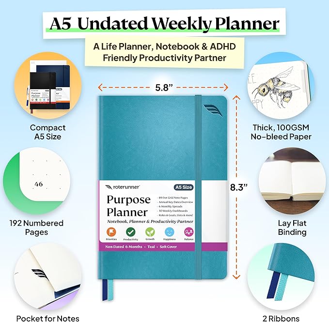 Roterunner Purpose Planner Notebook A5 5.8”x8.3” Undated 2025 Daily Weekly and Monthly Productivity Goal Setting Tool for Work Home ADHD Planner for Adults Self Care Journal (Teal Softcover)