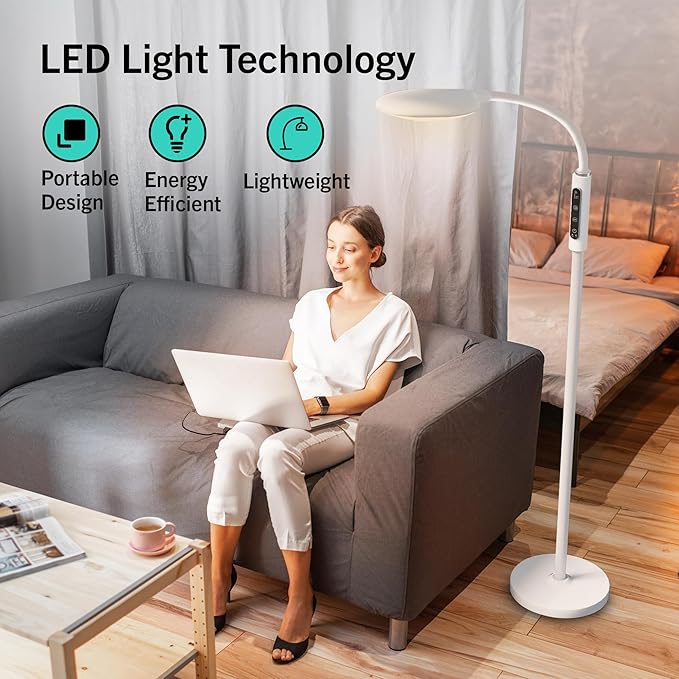 PRIMETEK Happy Light 10000 Lux Mood Lamp, Dual Control Remote,Touch Screen Sad Lamp, Adjustable LED Floor Lamp, UV-Free Sun Light, 5 Color Temperatures 10 Brightness Levels Happy Lights (White)