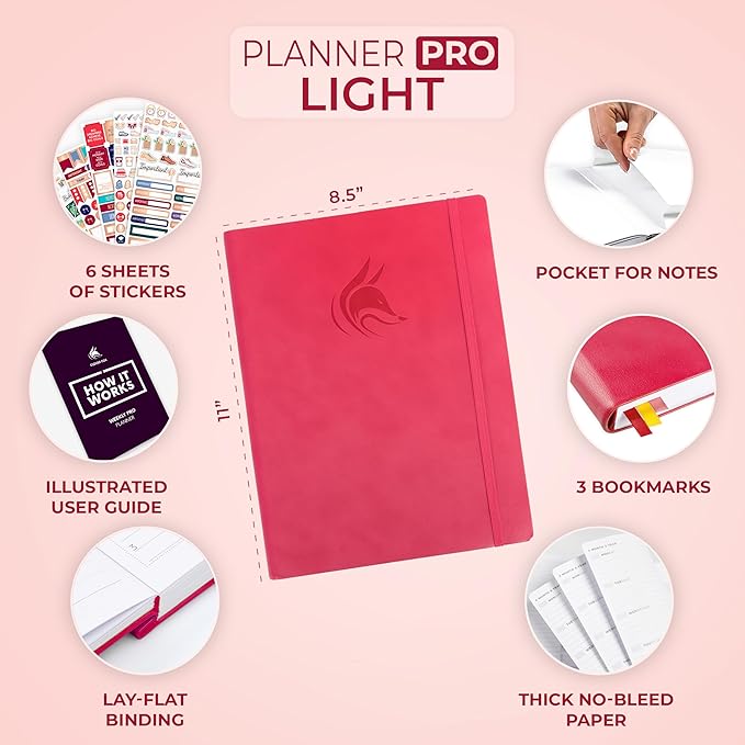 Clever Fox Planner PRO Light – Weekly & Monthly Life Planner to Increase Productivity, Time Management and Hit Your Goals, 8.5x11″ (Dark Pink)