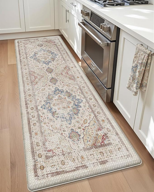 Color&Geometry Kitchen Floor Mats Anti Fatigue, Cushioned Boho Rugs,Waterproof Non Slip Kitchen Runner for Sink, Standing Mats for Office,24"x87",Oatmeal