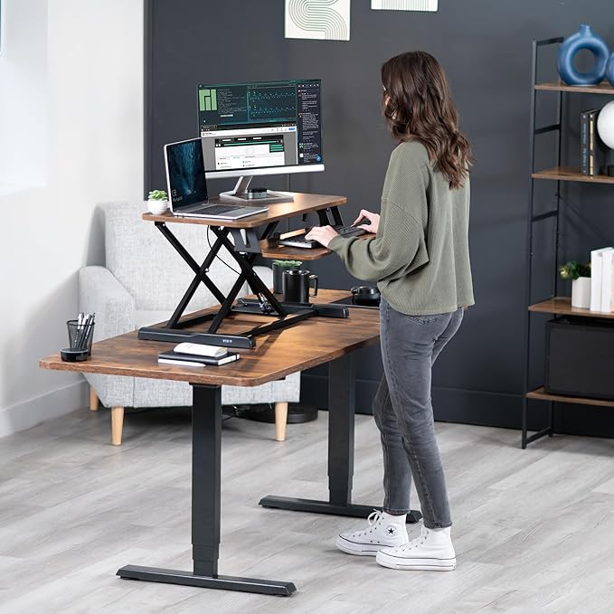 VIVO 32 inch Desk Converter, K Series, Height Adjustable Sit to Stand Riser, Dual Monitor and Laptop Workstation with Wide Keyboard Tray, Vintage Brown Top, Black Frame, DESK-V000KN