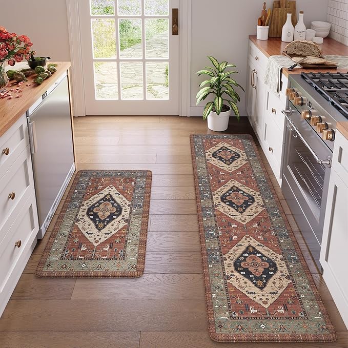 KIMODE Anti Fatigue Kitchen Mats for Floor 2 Piece, Farmhouse Kitchen Rugs, Non Slip Waterproof Kitchen Floor Mats, Memory Foam Standing Mats for Sink Laundry Office Desk Red 20"x71"+20"x32"