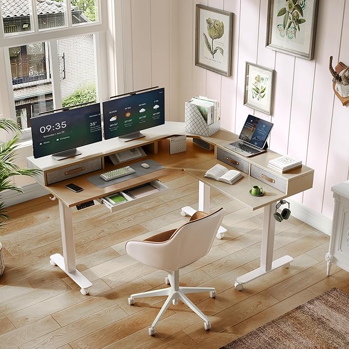 YDN Dual Motor 63" L Shaped Standing Desk with Drawers, Electric Height Adjustable Standing Desk with Monitor Stand & Splice Board, White Frame/Nature Top