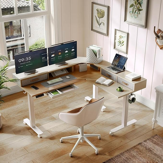YDN Dual Motor 63" L Shaped Standing Desk with Drawers, Electric Height Adjustable Standing Desk with Monitor Stand & Splice Board, White Frame/Nature Top