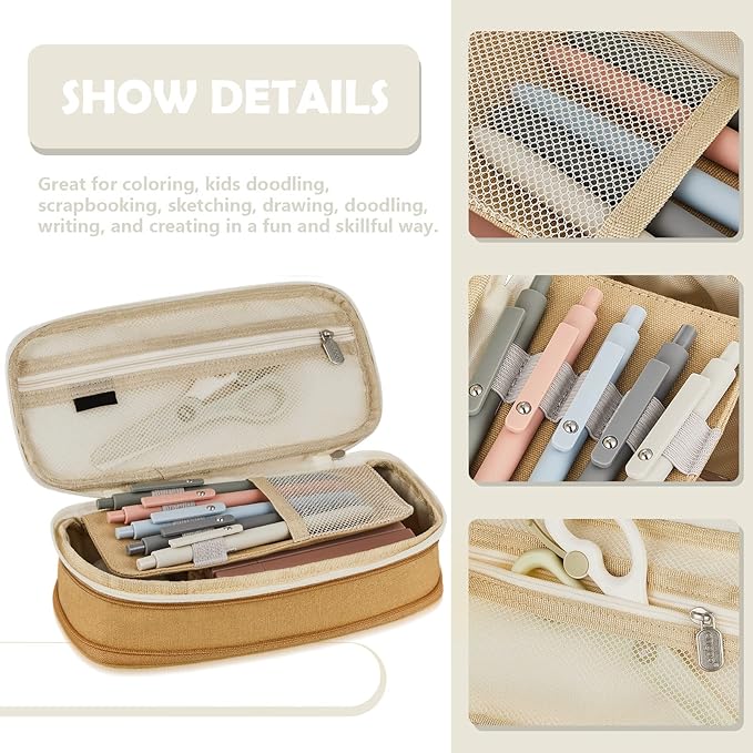 Henoyso 18 Set Aesthetic School Supplies Include Big Capacity Study Pen Bag with Zipper 12 Pcs Chisel Tip Bible Highlighters 5 Pcs Quick Dry Retractable Black Ink Pens for Student Office(Light Khaki)