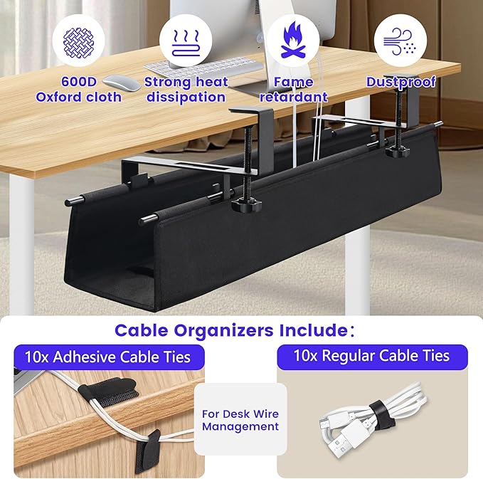 Under Desk Cable Management Tray, Clamp-On Cord Organizer,No Drilling Required, Holds Up to 22 lbs, for Cords, Routers, Power Strips (Black, 28.4inch)